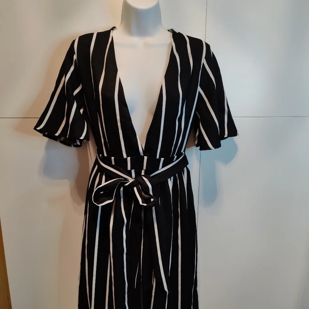 Black White Striped Maxi Dress Romper S Plunge Tie Waist Open Back
